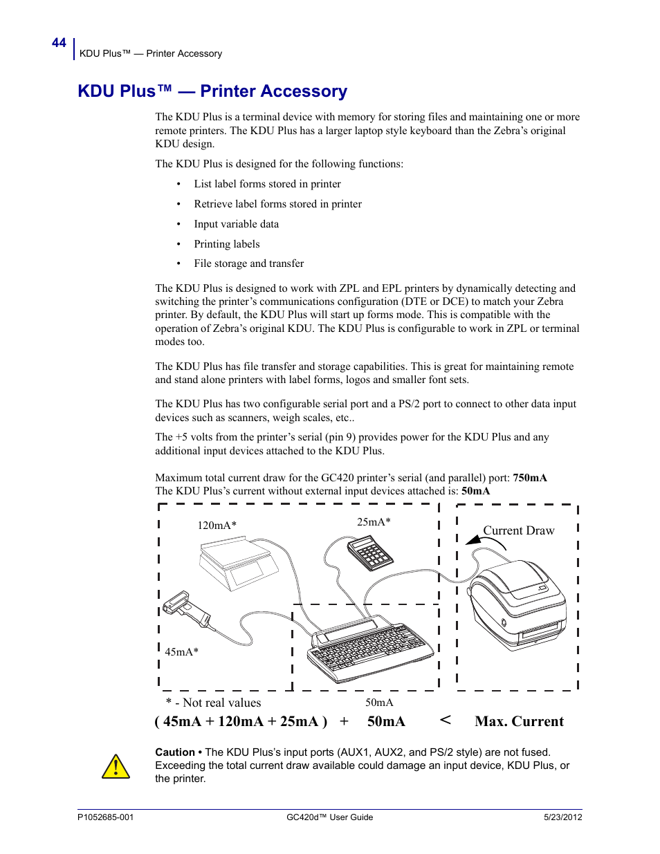 Kdu plus™ — printer accessory, Max. current | Fairbanks Zebra GC420d User Manual | Page 56 / 100