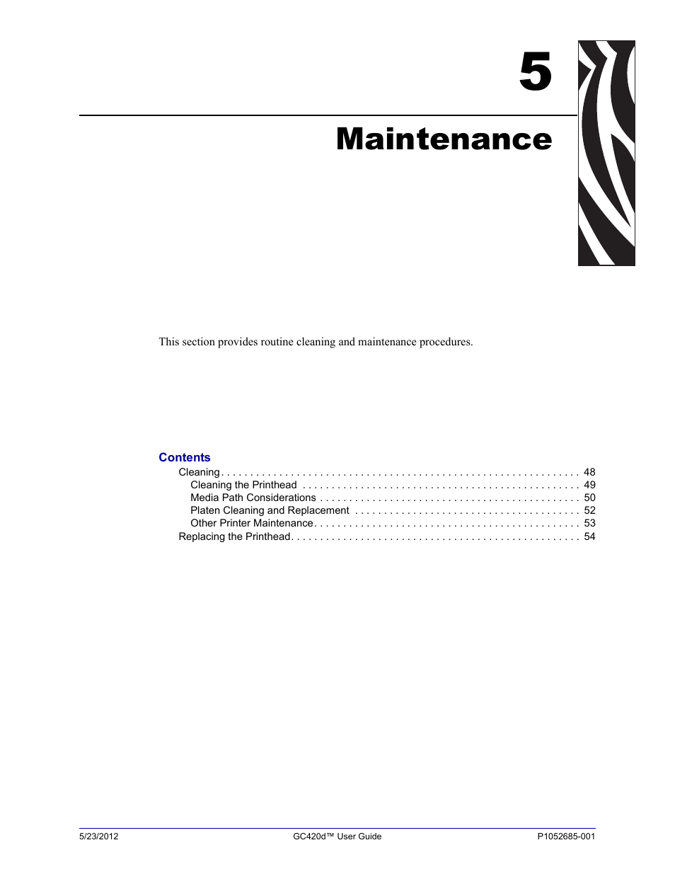 Maintenance, Platen cleaning and replacement | Fairbanks Zebra GC420d User Manual | Page 59 / 100