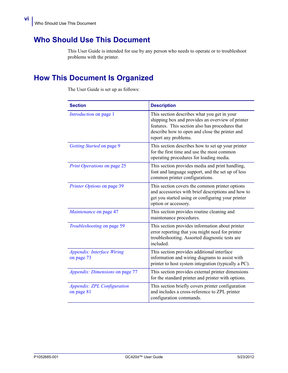 Who should use this document, How this document is organized | Fairbanks Zebra GC420d User Manual | Page 6 / 100