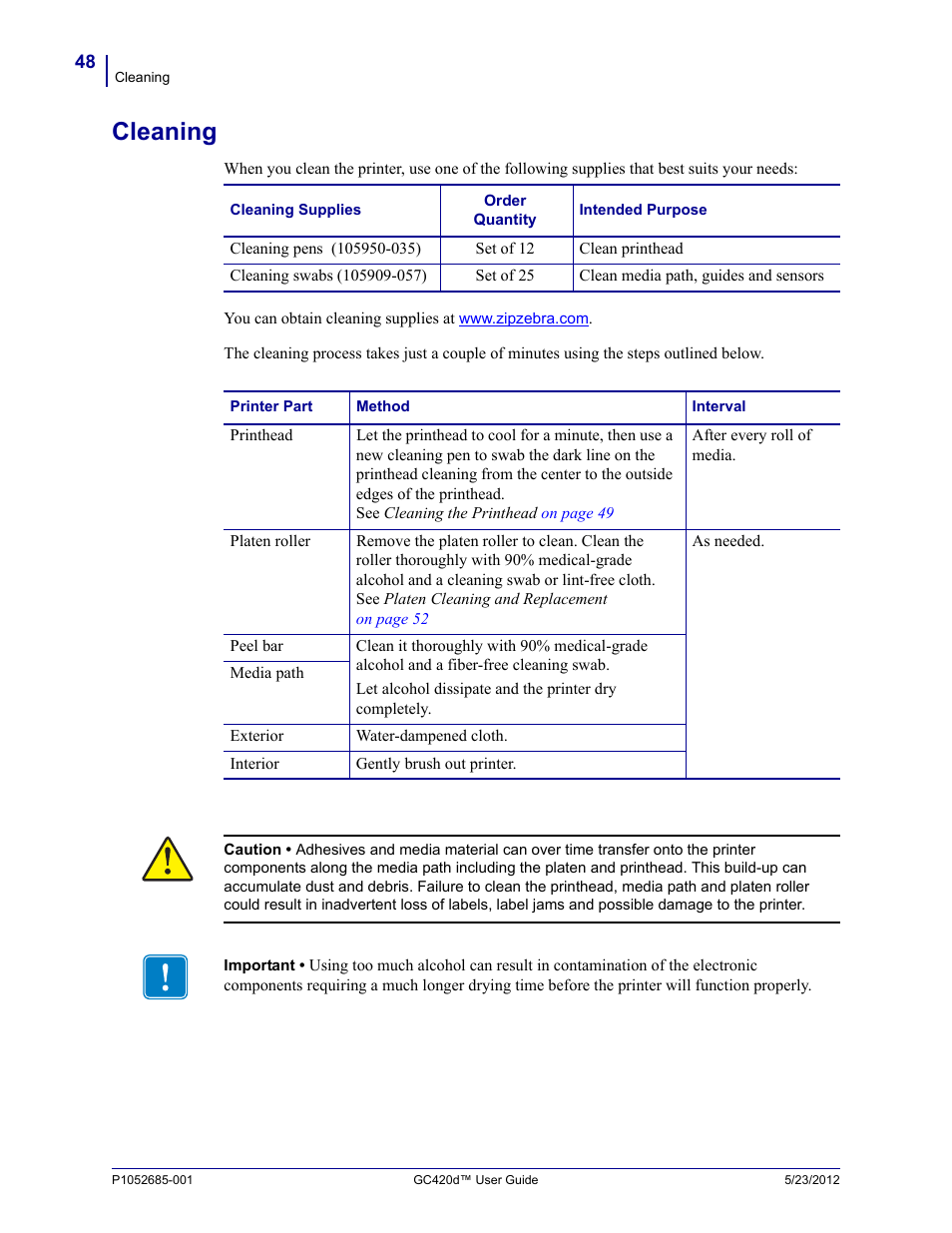 Cleaning, Other printer maintenance | Fairbanks Zebra GC420d User Manual | Page 60 / 100