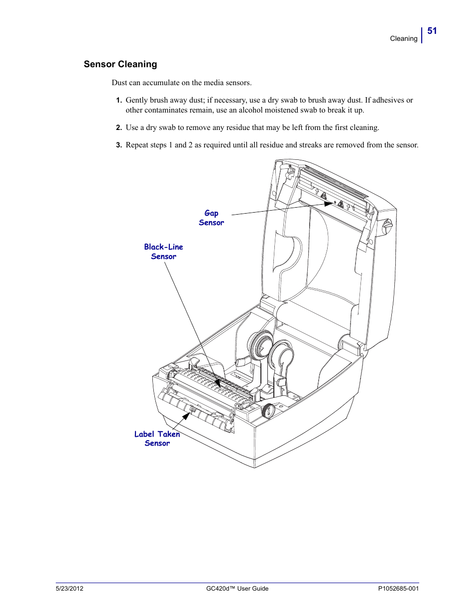 Sensor cleaning | Fairbanks Zebra GC420d User Manual | Page 63 / 100
