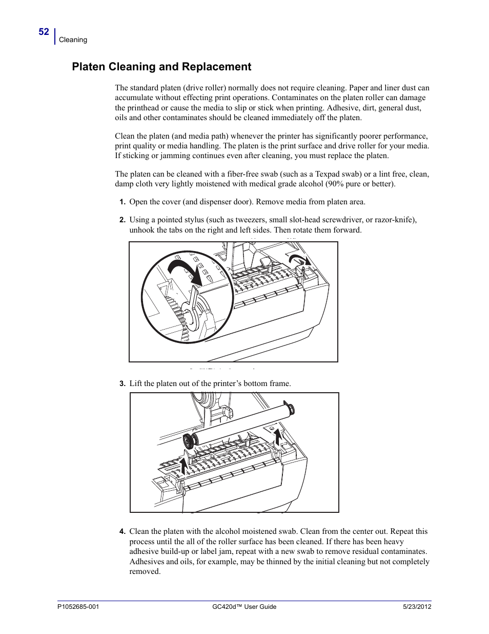 Platen cleaning and replacement | Fairbanks Zebra GC420d User Manual | Page 64 / 100