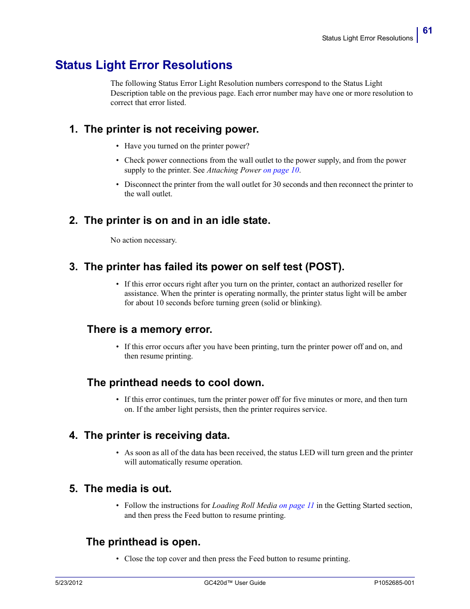 Status light error resolutions, The printer is not receiving power, The printer is on and in an idle state | The printhead needs to cool down, The printer is receiving data, The media is out, The printhead is open | Fairbanks Zebra GC420d User Manual | Page 73 / 100