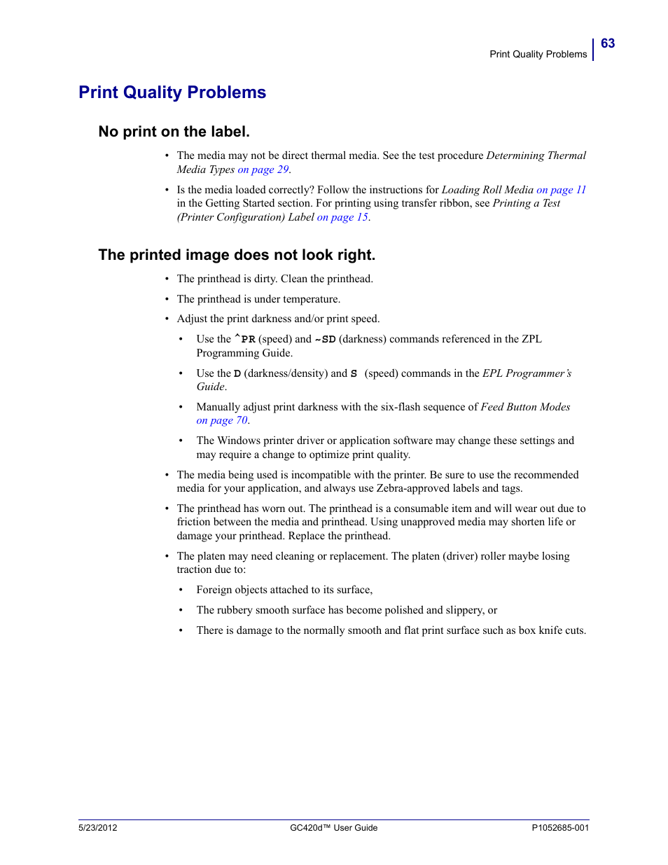 Print quality problems, No print on the label, The printed image does not look right | Fairbanks Zebra GC420d User Manual | Page 75 / 100