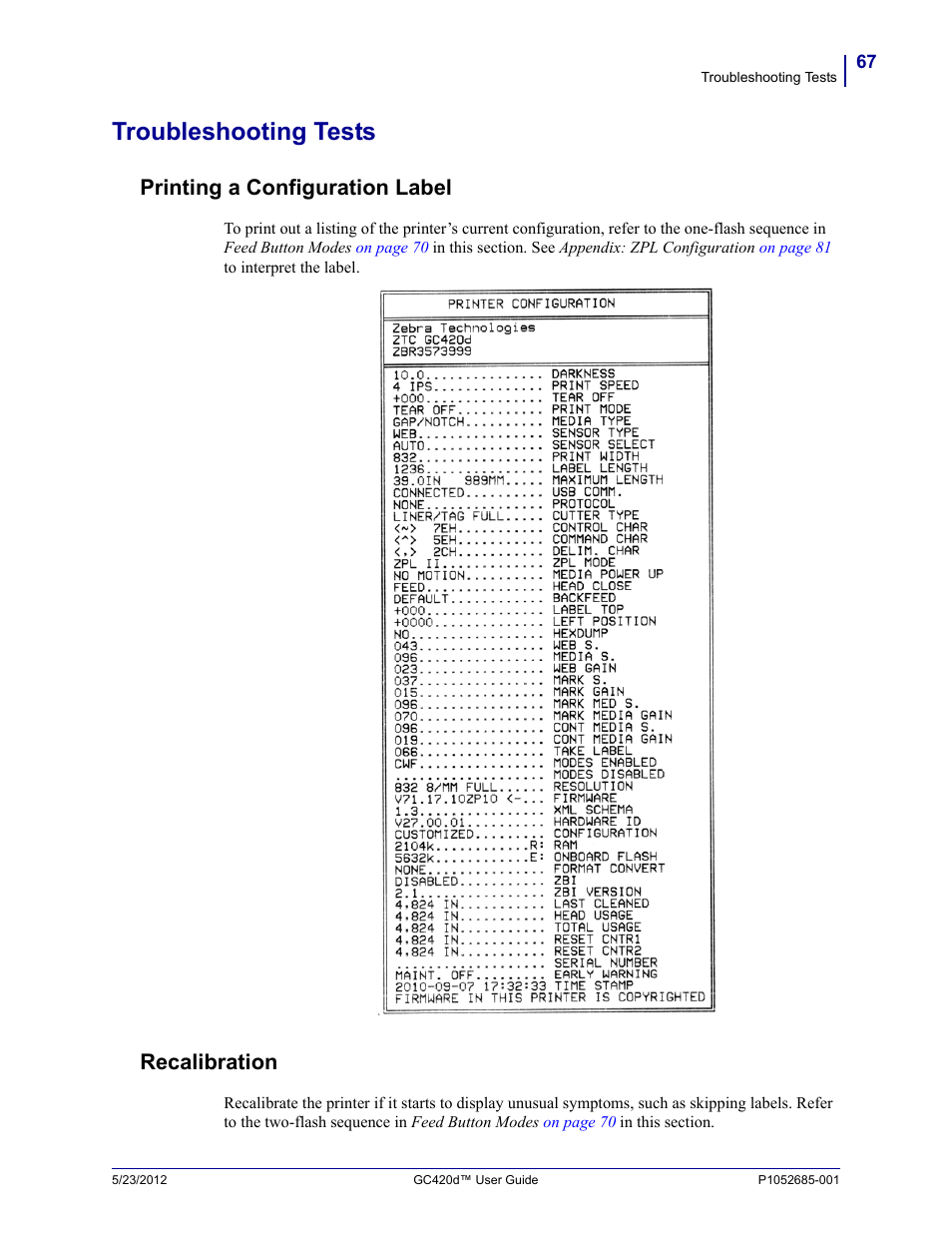 Troubleshooting tests, Printing a configuration label, Recalibration | Printing a configuration label recalibration | Fairbanks Zebra GC420d User Manual | Page 79 / 100