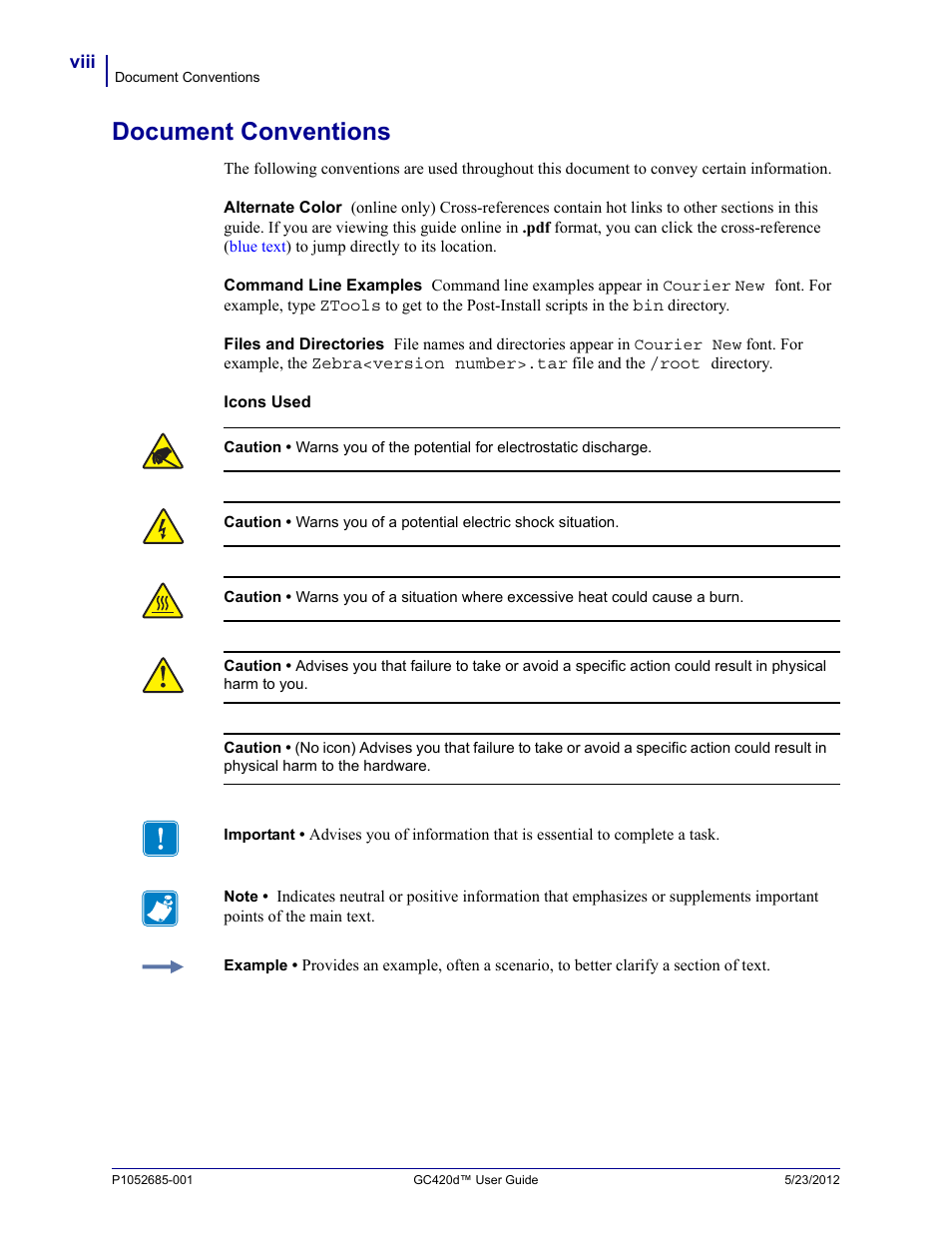 Document conventions | Fairbanks Zebra GC420d User Manual | Page 8 / 100