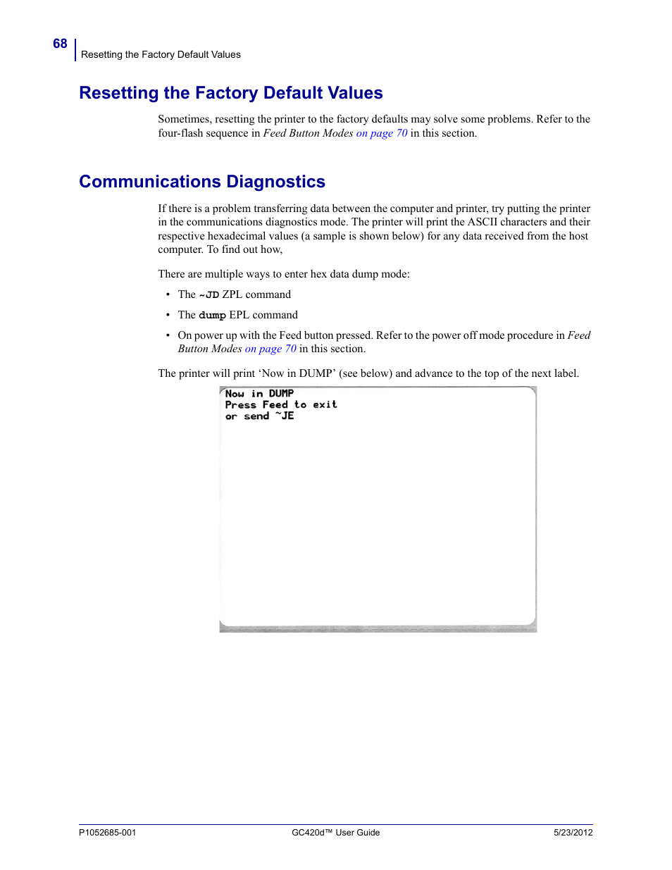 Resetting the factory default values, Communications diagnostics | Fairbanks Zebra GC420d User Manual | Page 80 / 100