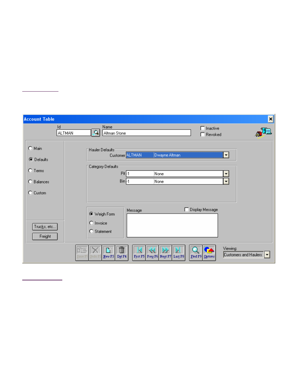 Account table, Defaults screen | Fairbanks InterAct FB3000 Series User Manual | Page 19 / 232