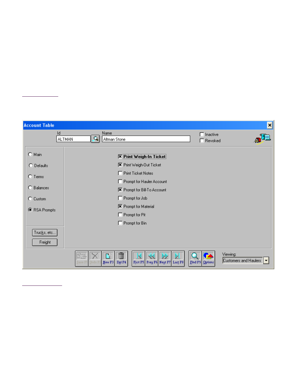 Account table, Rsa prompts screen | Fairbanks InterAct FB3000 Series User Manual | Page 28 / 232