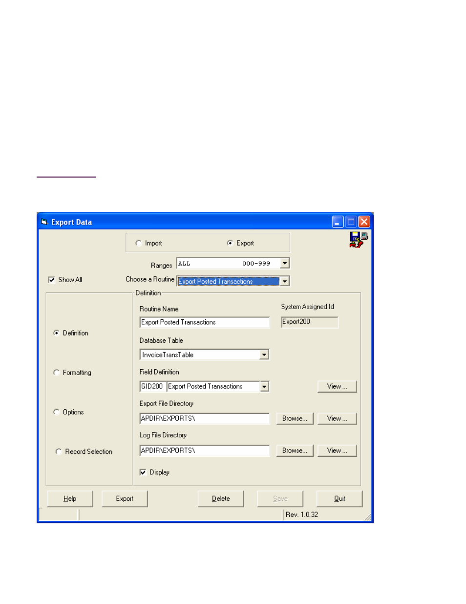 Import/export utility, Definition screen | Fairbanks InterAct FB3000 Series User Manual | Page 77 / 232
