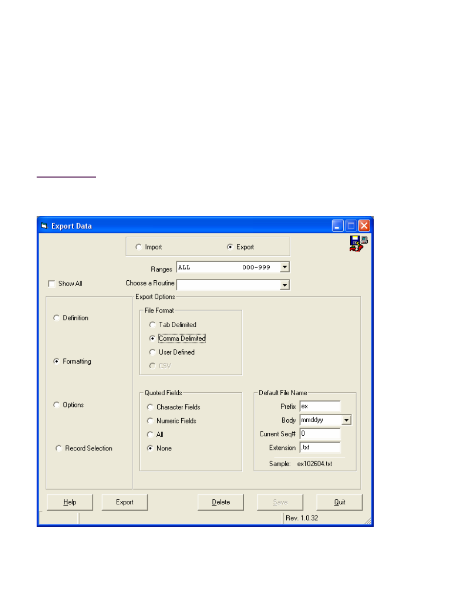 Import/export utility, Text file format screen | Fairbanks InterAct FB3000 Series User Manual | Page 81 / 232