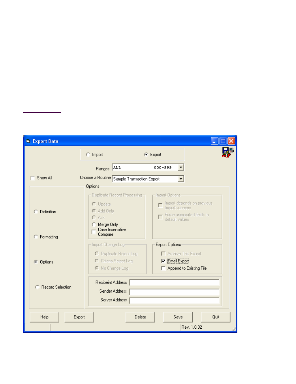 Import/export utility, Options screen | Fairbanks InterAct FB3000 Series User Manual | Page 83 / 232
