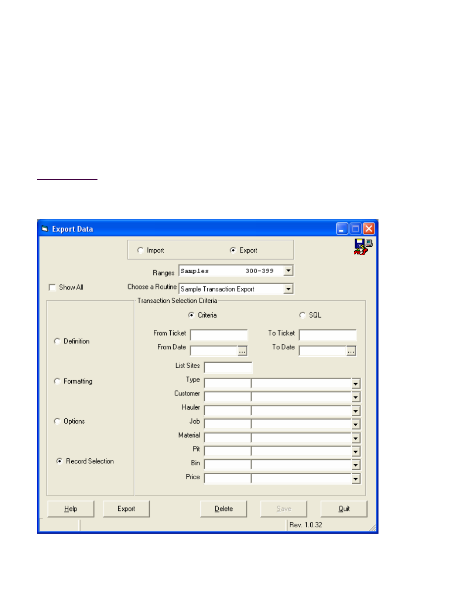 Import/export utility, Record selection screen | Fairbanks InterAct FB3000 Series User Manual | Page 86 / 232