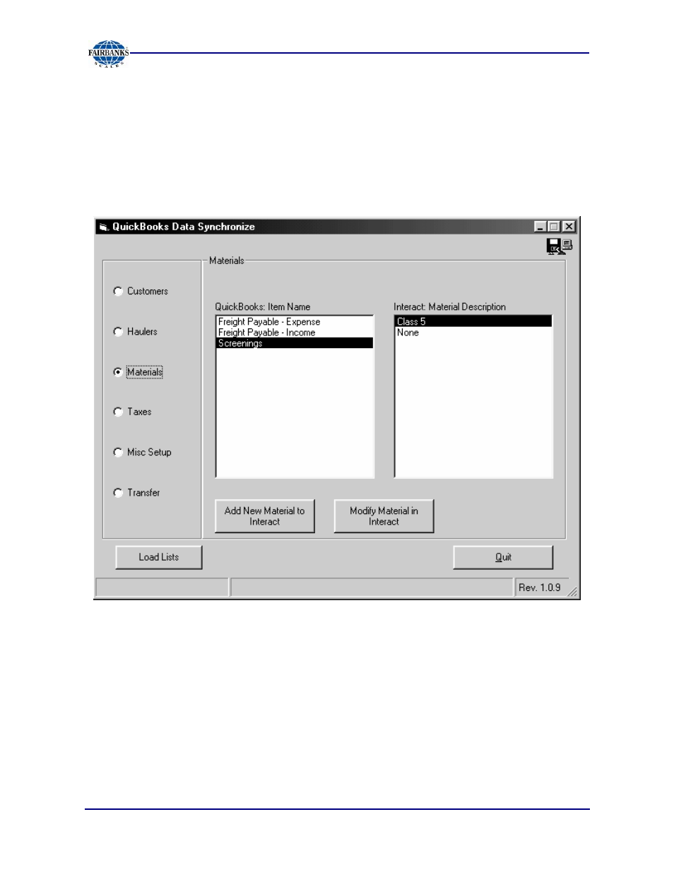 Materials | Fairbanks Interact QuickBooks Interface Module User Manual | Page 13 / 30