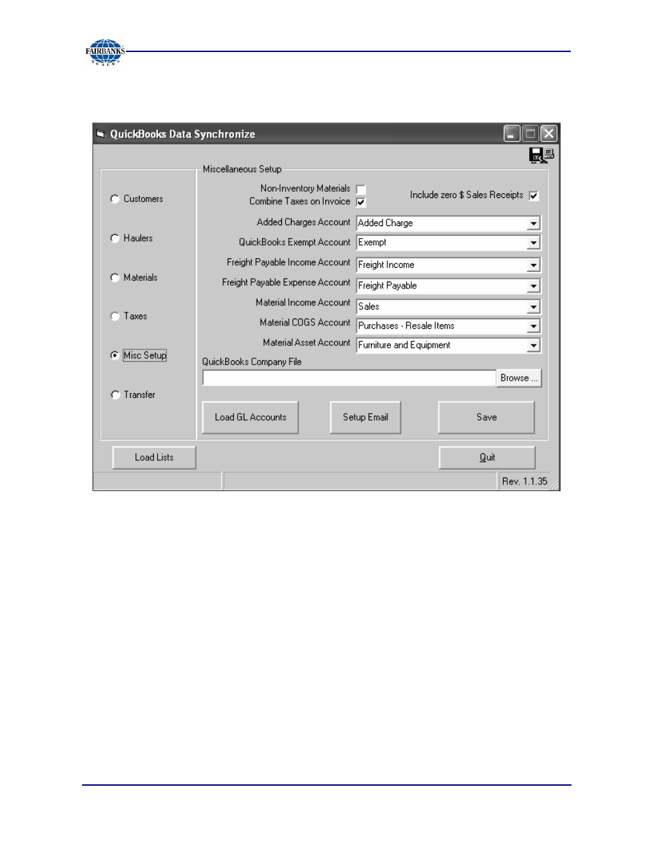 Misc. setup, Combine taxes on invoice, Added charges account | Quickbooks exempt account | Fairbanks Interact QuickBooks Interface Module User Manual | Page 17 / 30