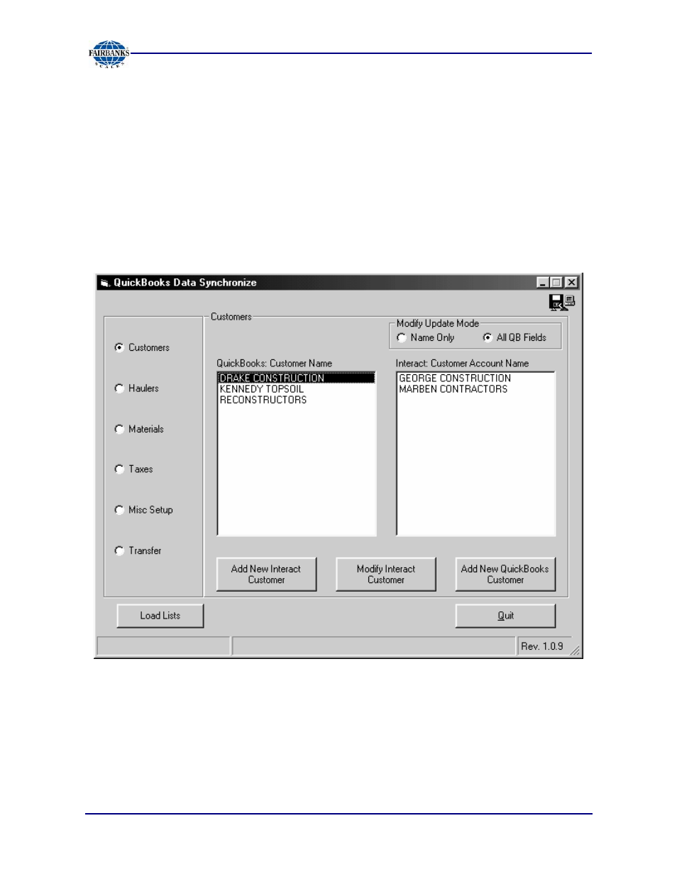 Customers | Fairbanks Interact QuickBooks Interface Module User Manual | Page 9 / 30