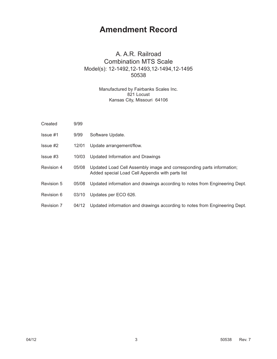 Amendment record, A. a.r. railroad combination mts scale | Fairbanks 12-1492 - 12-1496 A.A.R. Combination Railroad Track/MTS User Manual | Page 3 / 59