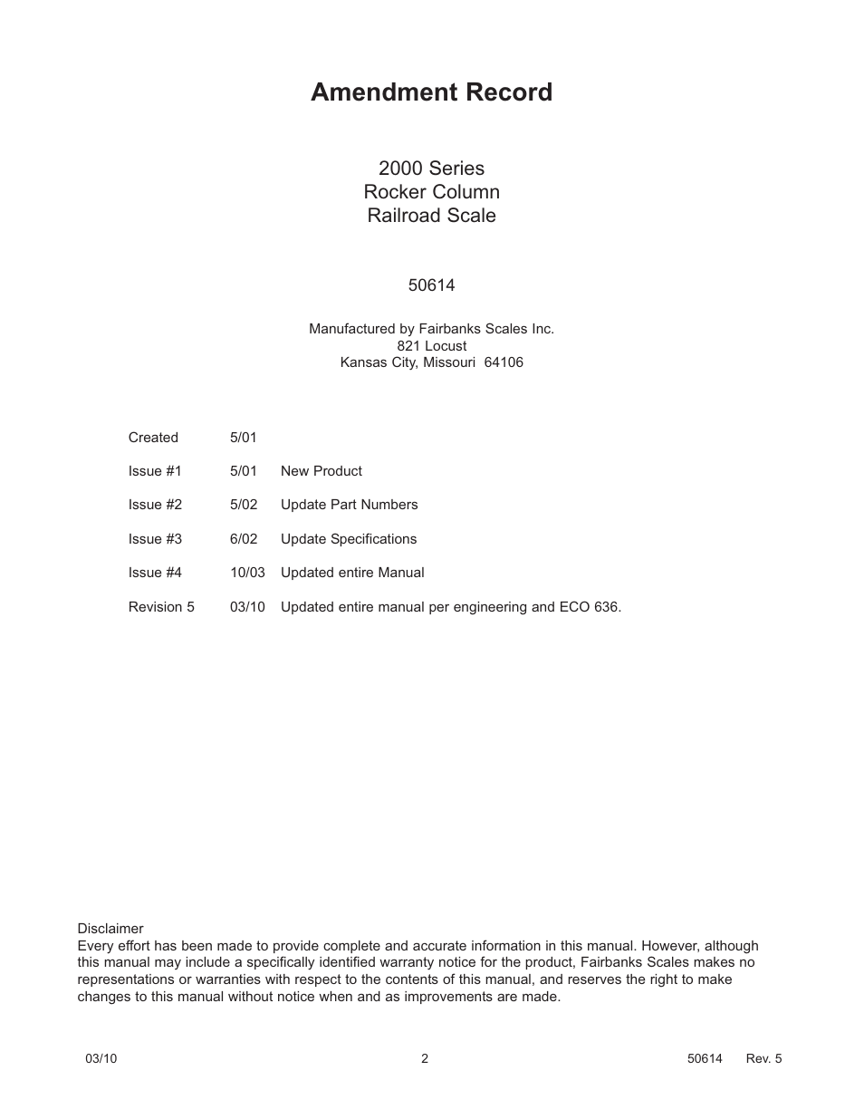 Amendment record, 2000 series rocker column railroad scale | Fairbanks 2000 SERIES Rocker Column Railroad Scale User Manual | Page 2 / 42