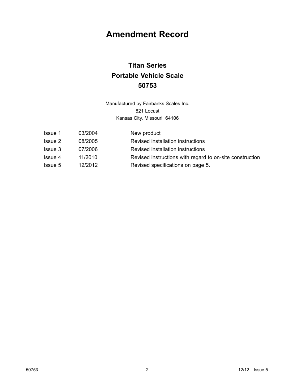 Amendment record | Fairbanks 6020 Titan Series User Manual | Page 2 / 17