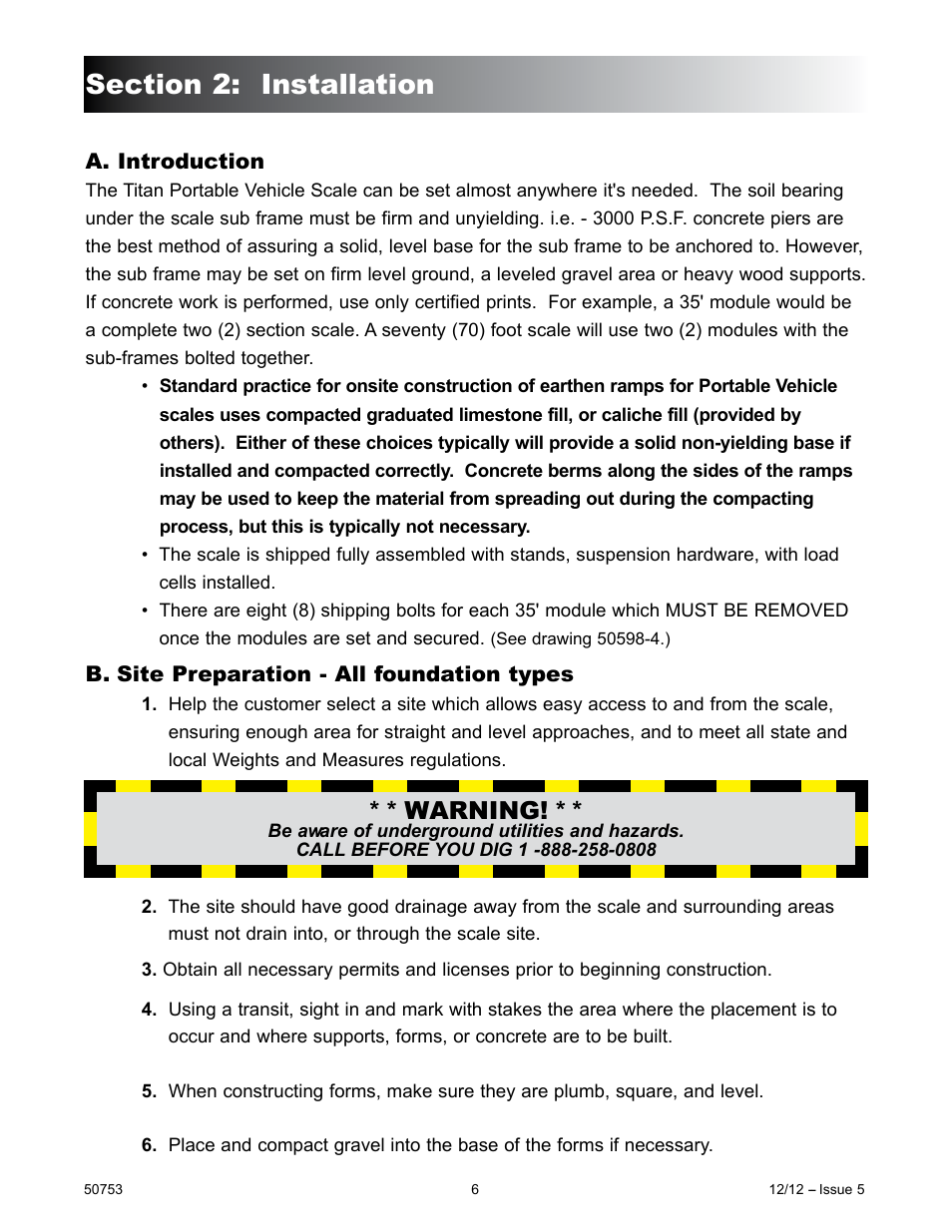 Warning, A. introduction, Site preparation - all foundation types | Fairbanks 6020 Titan Series User Manual | Page 6 / 17