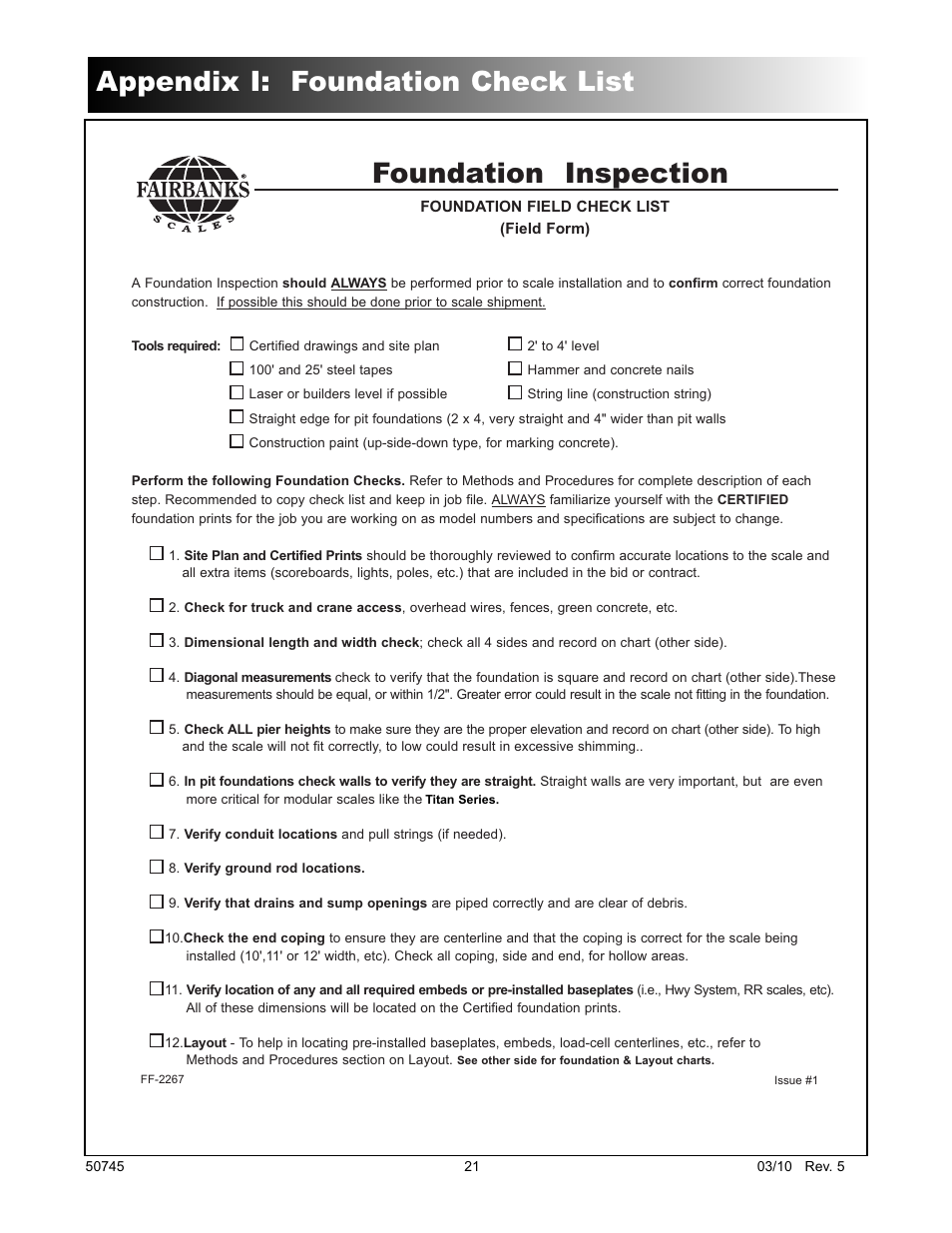 Foundation inspection, Appendix i: foundation check list | Fairbanks 6020 Series Titan Motor Truck Scale User Manual | Page 21 / 23