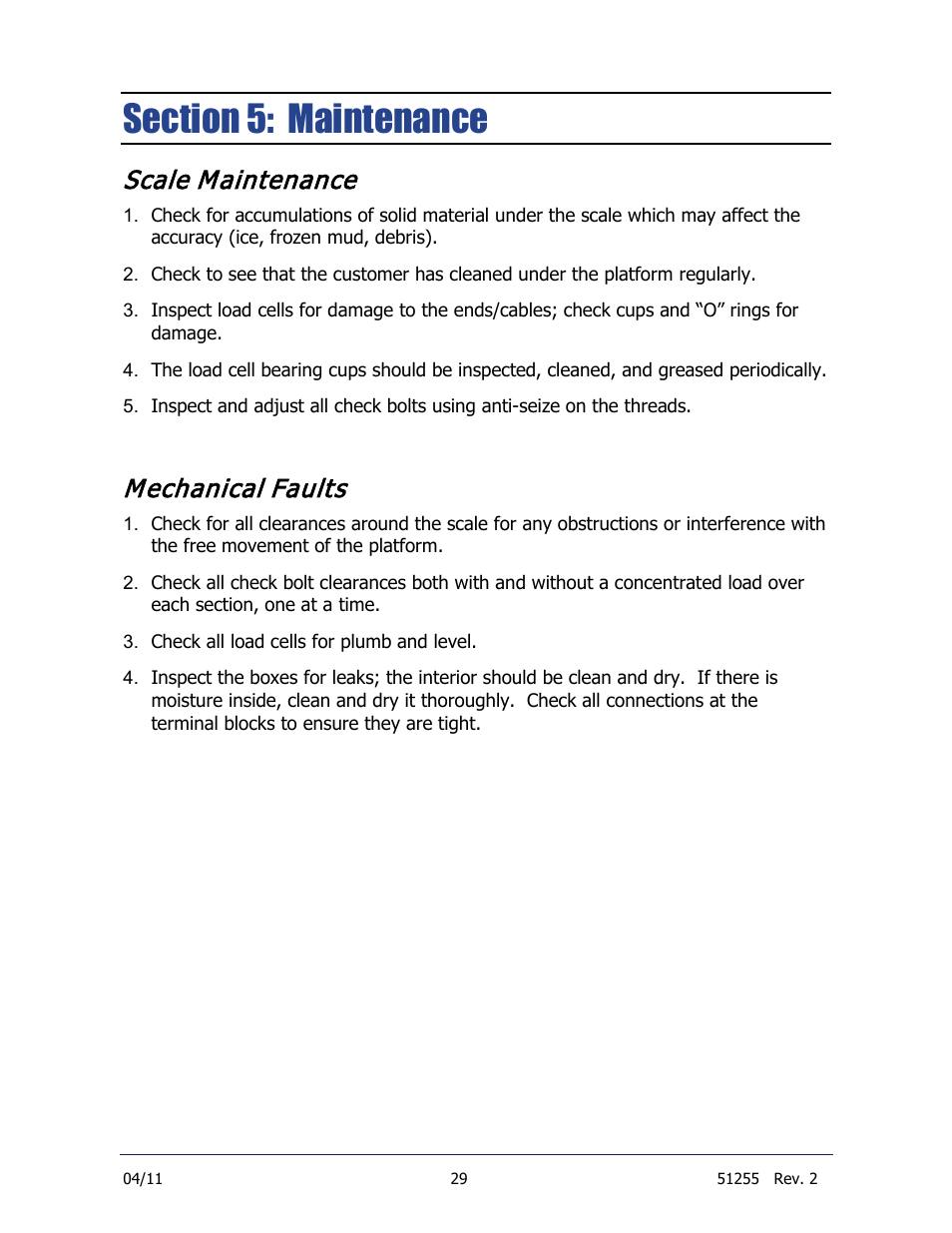 Section 5: maintenance, Scale maintenance, Mechanical faults | Fairbanks Trident Precast Concrete Deck Truck Scale User Manual | Page 29 / 40