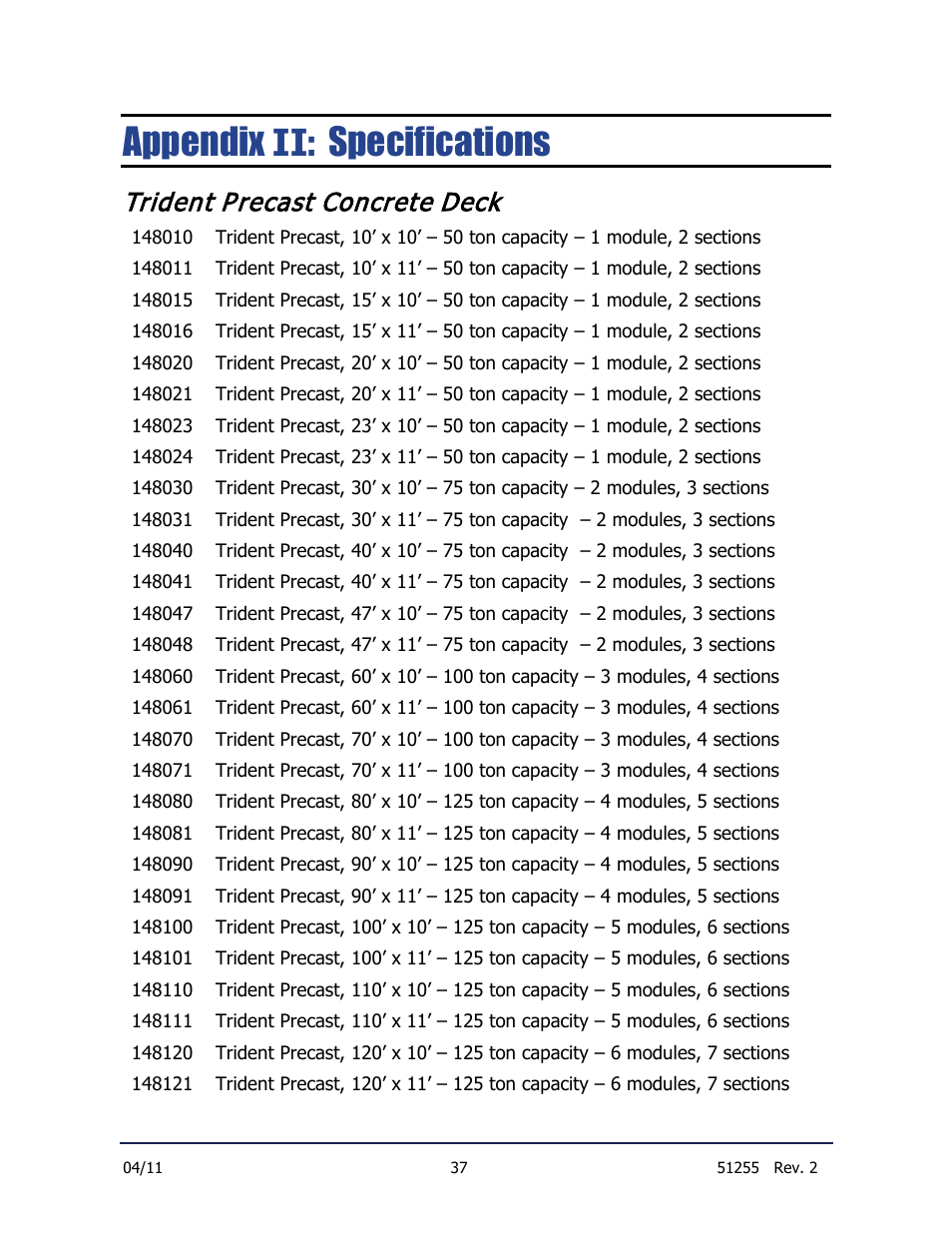 Appendix ii: specifications, Trident precast concrete deck, Appendix ii : specifications | Fairbanks Trident Precast Concrete Deck Truck Scale User Manual | Page 37 / 40