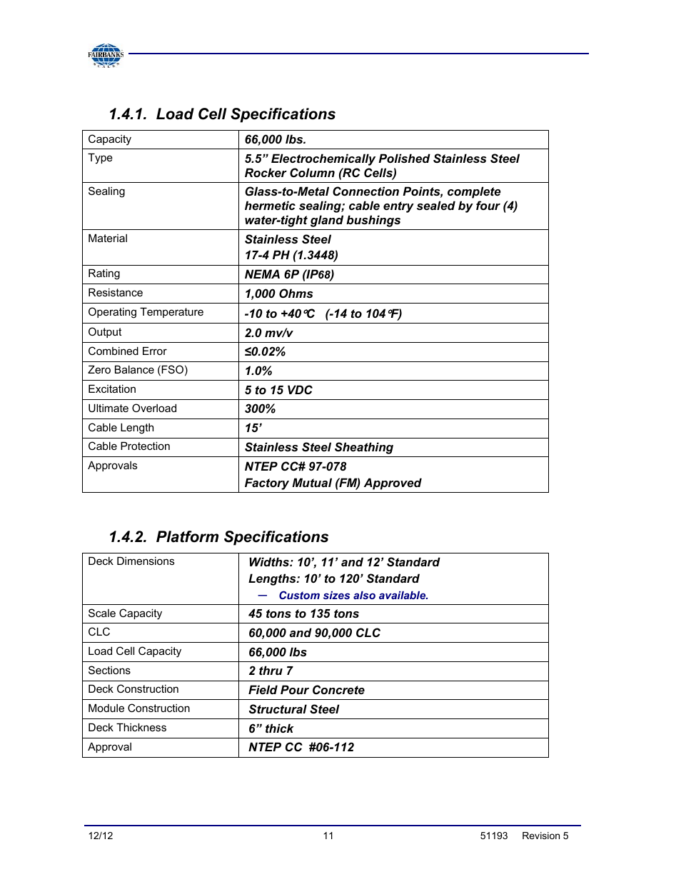 Component specs, Load cell specifications, Platform specifications | Fairbanks Tundra Series Truck Scale User Manual | Page 11 / 55