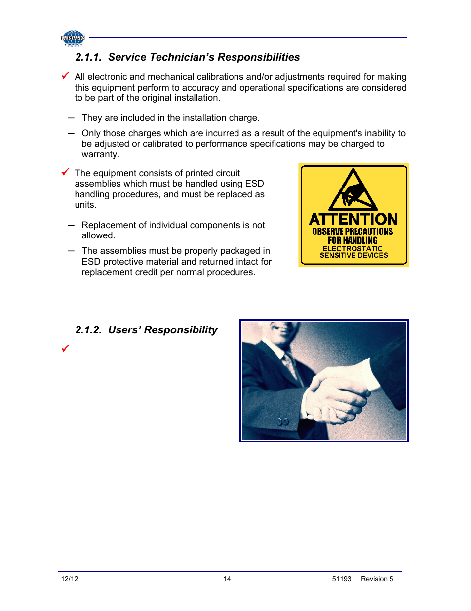 Service technician’s responsibilities, Users’ responsibility | Fairbanks Tundra Series Truck Scale User Manual | Page 14 / 55