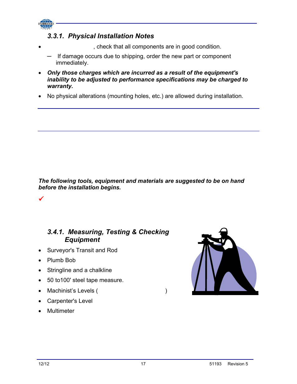 Physical installation notes, Tools, equipment and materials, Measuring, testing & checking equipment | Fairbanks Tundra Series Truck Scale User Manual | Page 17 / 55