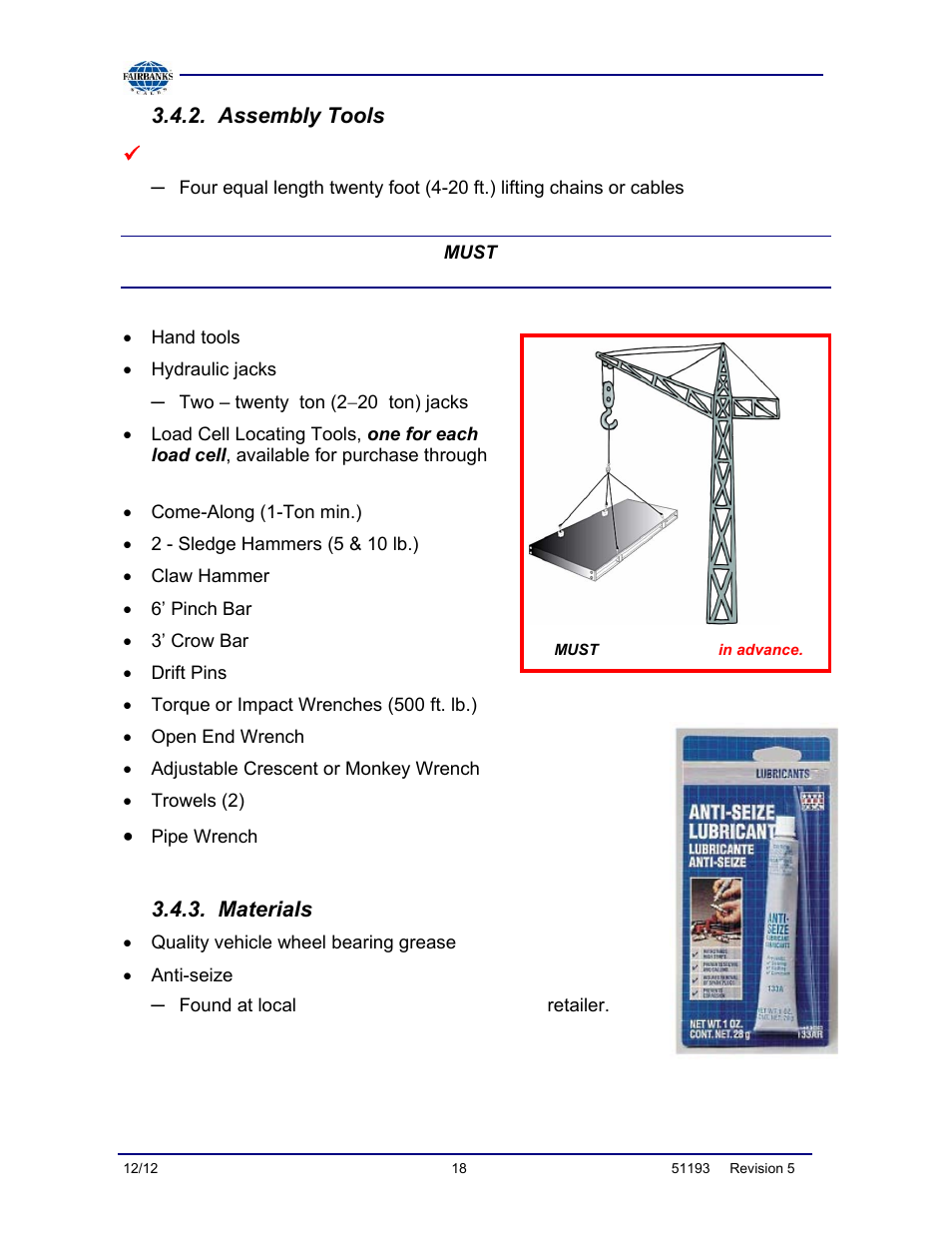 Assembly tools, Materials | Fairbanks Tundra Series Truck Scale User Manual | Page 18 / 55