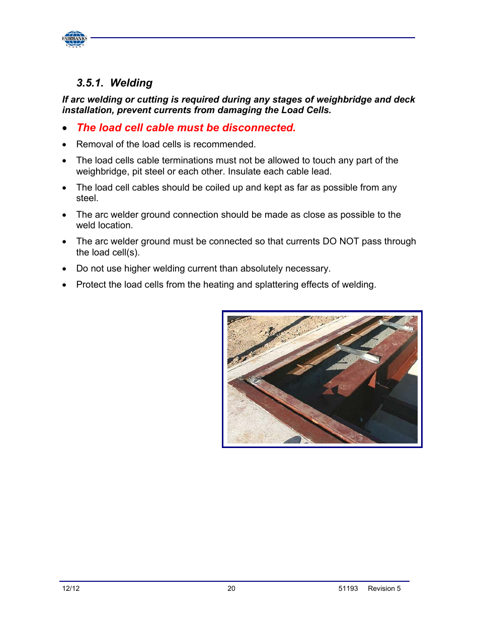 Precautions, Welding | Fairbanks Tundra Series Truck Scale User Manual | Page 20 / 55