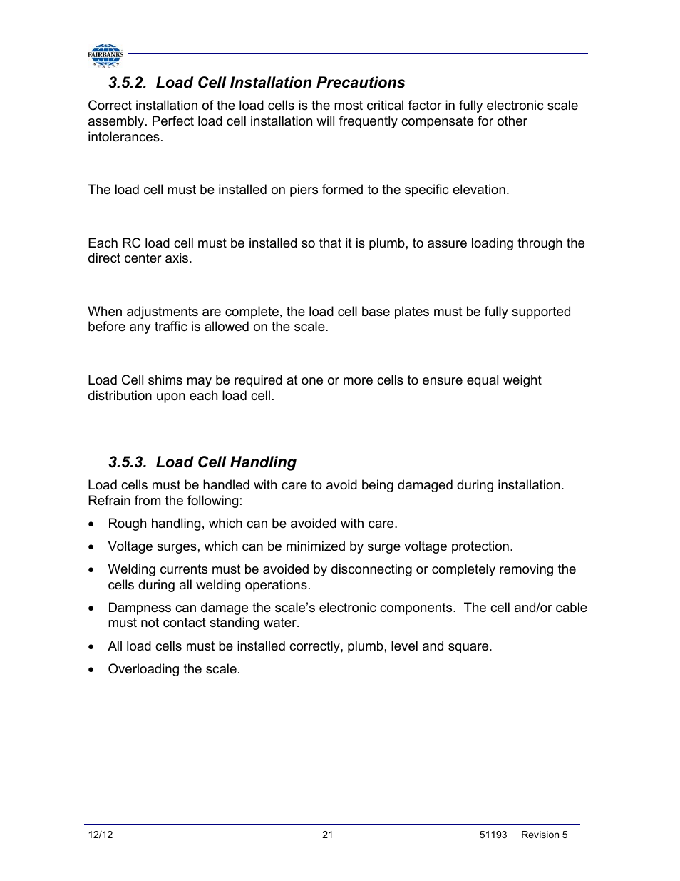 Load cell installation precautions, Load cell handling | Fairbanks Tundra Series Truck Scale User Manual | Page 21 / 55