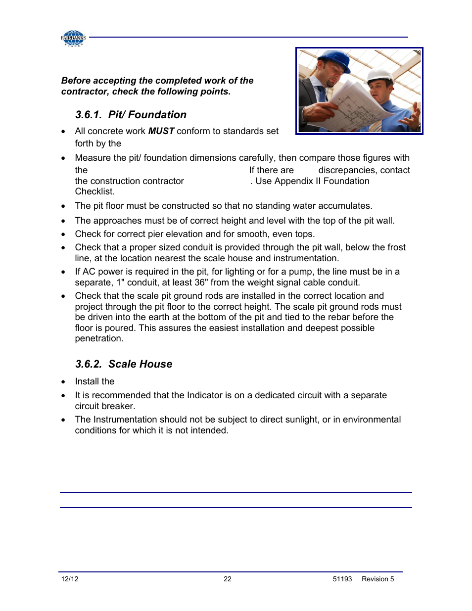 Site inspection, Pit/ foundation, Scale house | Fairbanks Tundra Series Truck Scale User Manual | Page 22 / 55