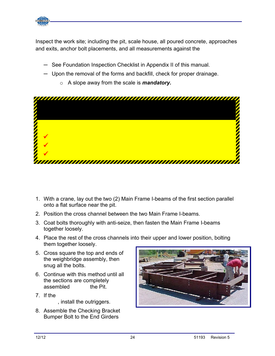 Inspecting the contractor’s pit construction, Weighbridge section assembly, Each module assembly is extremely heavy | Fairbanks Tundra Series Truck Scale User Manual | Page 24 / 55