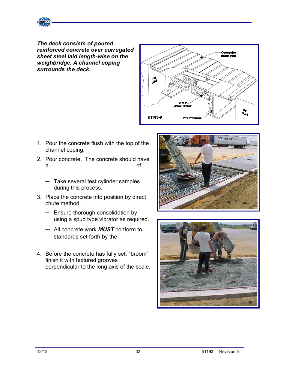 Concrete deck forming and pouring, American concrete institute code | Fairbanks Tundra Series Truck Scale User Manual | Page 32 / 55