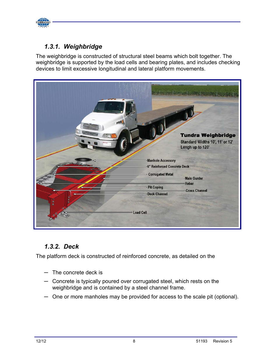 Component descriptions, Weighbridge, Deck | Fairbanks Tundra Series Truck Scale User Manual | Page 8 / 55