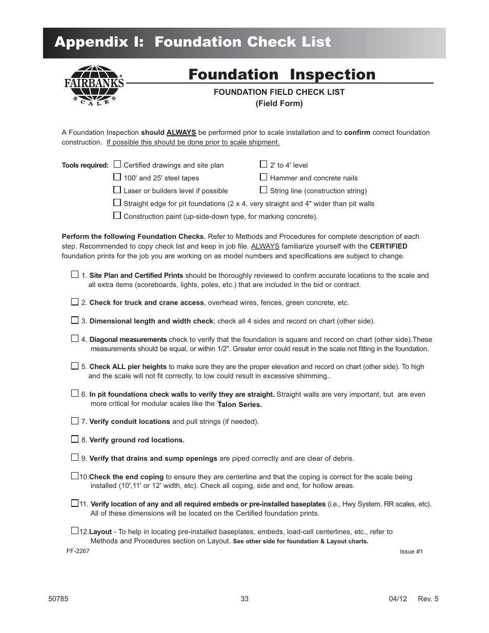 Foundation inspection, Appendix i: foundation check list | Fairbanks HVX Series TALON SERIES Motor Truck Scale User Manual | Page 33 / 37