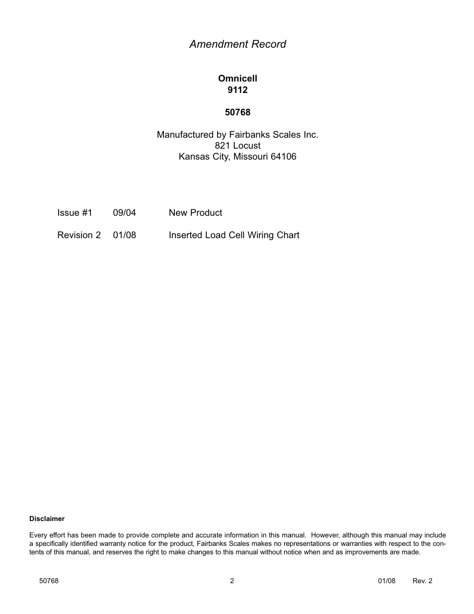 Amendment record | Fairbanks 9112 Omnicell User Manual | Page 2 / 12