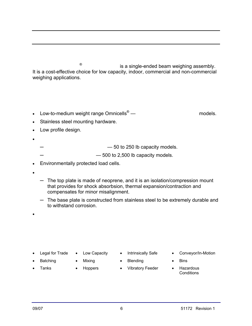 Description, Features, Applications | Load cell types, Mount construction | Fairbanks 9101 FB Omnicell User Manual | Page 6 / 20