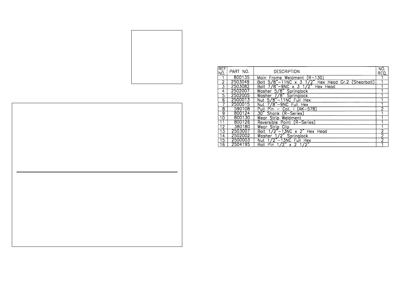 Retail customer’s responsibility, R-130 single shank ripper pa rts list | Farm Star R-130 User Manual | Page 11 / 12