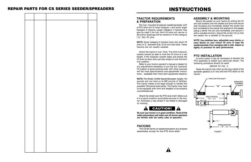 Instructions, Repair parts for cs series seeder/spreaders | Farm Star CSP-1094 User Manual | Page 11 / 14