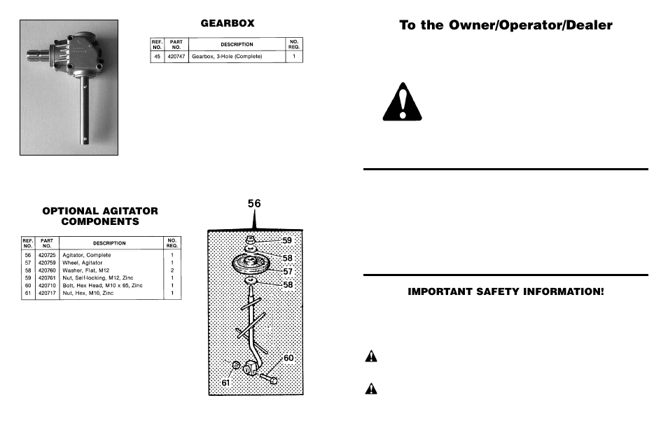 Important safety information, Gearbox optional agitator components | Farm Star CSP-1094 User Manual | Page 13 / 14