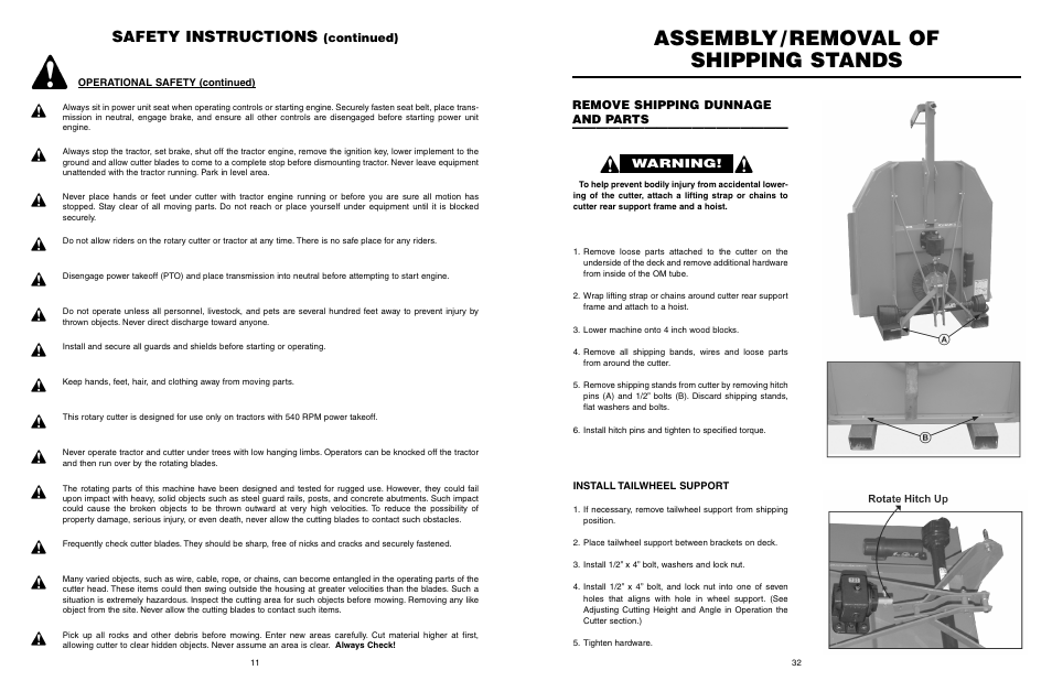 Assembly / removal of shipping stands, Safety instructions, Continued) | Warning, Remove shipping dunnage and parts | Farm Star SRTC-406A User Manual | Page 12 / 44