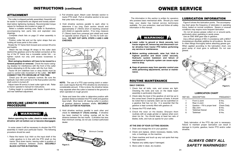 Owner service, Always obey all safety warnings, Instructions | Attachment, Driveline length check procedure, Continued), Warning, Lubrication information, Routine maintenance | Farm Star SRTC-406A User Manual | Page 20 / 44