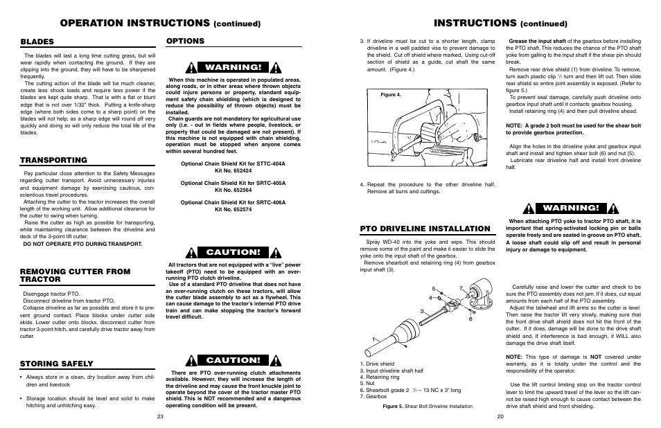 Instructions, Operation instructions, Pto driveline installation | Warning, Continued), Transporting, Storing safely, Removing cutter from tractor, Blades, Options | Farm Star SRTC-406A User Manual | Page 21 / 44