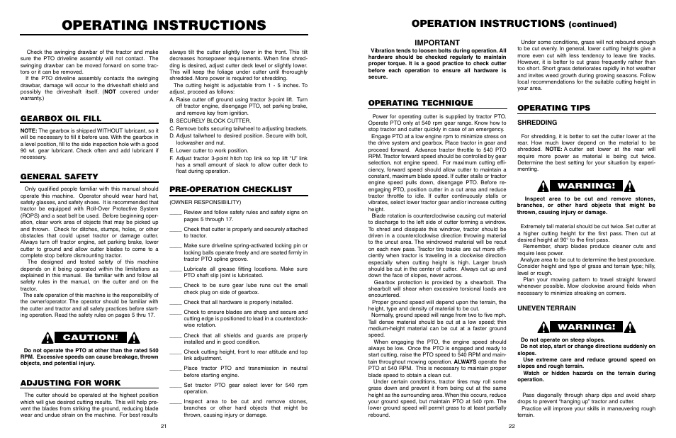 Operating instructions, Operation instructions, Operating technique | Operating tips, Important, Continued) warning, Warning, Gearbox oil fill, Adjusting for work, General safety | Farm Star SRTC-406A User Manual | Page 22 / 44