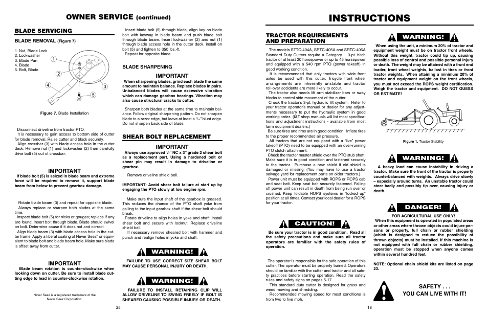Instructions, Owner service, Tractor requirements and preparation | Caution, Warning, Danger, Safety . . . you can live with it, Continued) blade servicing, Shear bolt replacement, Important | Farm Star SRTC-406A User Manual | Page 26 / 44
