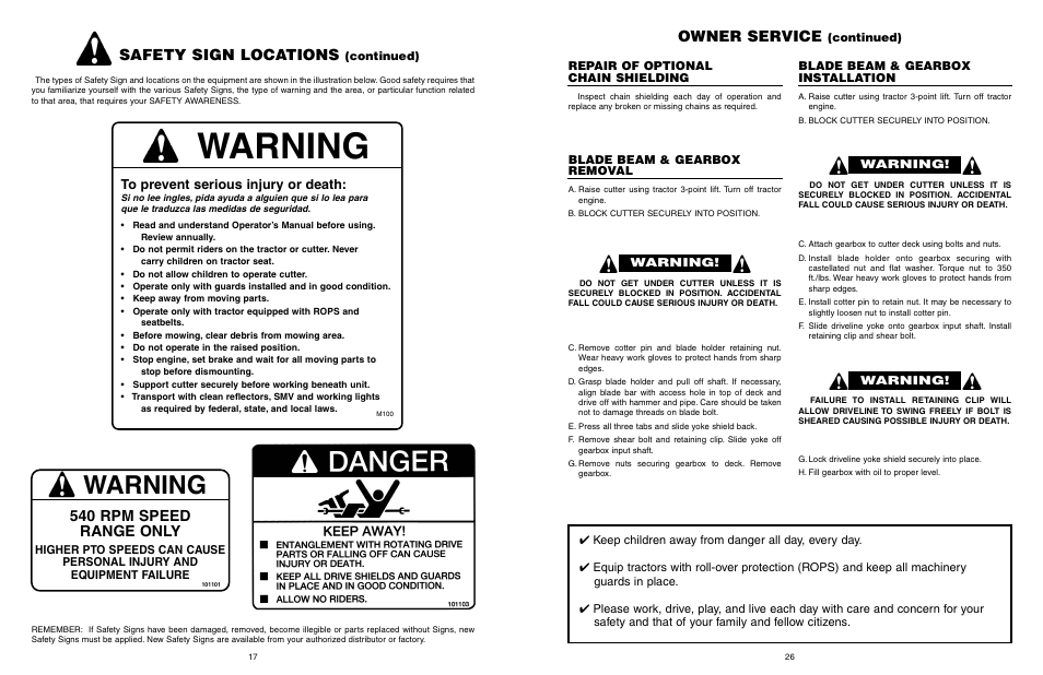 Warning, Safety sign locations, 540 rpm speed range only | Owner service | Farm Star SRTC-406A User Manual | Page 27 / 44