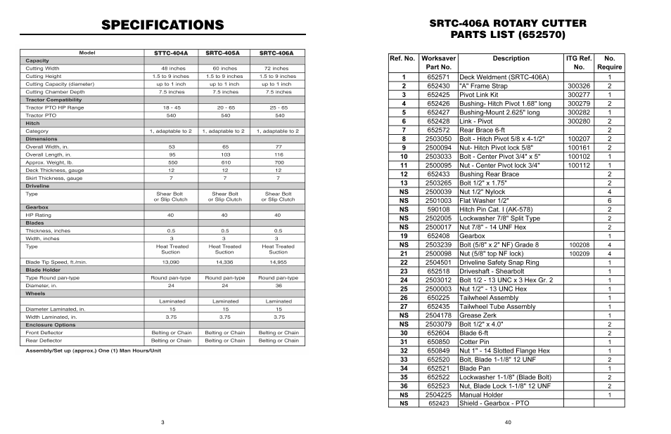 Specifications | Farm Star SRTC-406A User Manual | Page 41 / 44